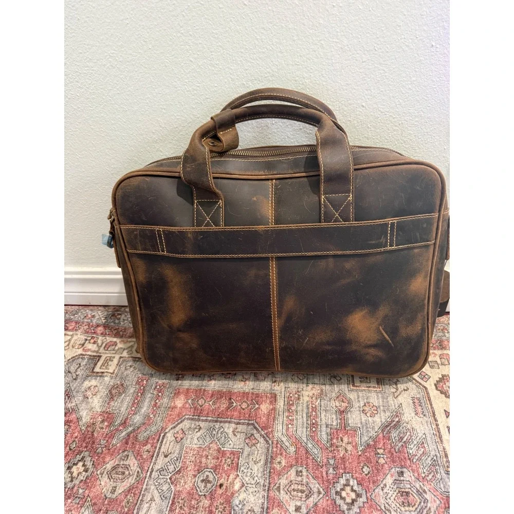 Augus Mens Brown Genuine Leather Briefcase Laptop Messenger Bag Distressed NEW